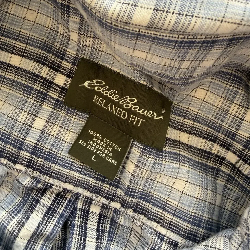 Eddie Bauer Mens Relaxed Fit Plaid Button‎ Down Shirt Blue 100% Cotton Size L